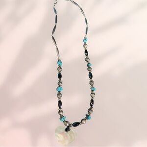 Hand Crafted Turquoise & Black Beaded Heart Pendant Necklace obo
